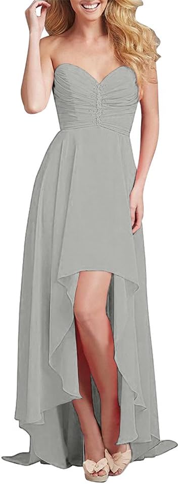 FTSOP Women's Chiffon Sweetheart Bridesmaid Dress Long Asymmetrical Prom Evening Dress Strapless Burgundy