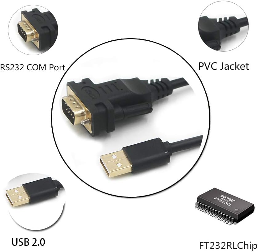 usangreen USB TYPE C to DB9 RS232 Serial Adapter Converter Cable With FTDI Chip 6ft Support Win10/8/7/XP/Android/Mac/Linux/Vista … (USB 2.0 A male to DB9) - Image 4