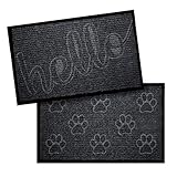 Indoor Outdoor Rug (2-Pack), 17 x 29.5 inch Indoor Outdoor Welcome Mat, Grey Front Door Mat w/Hello Design & Floor Mat w/Paw Prints Design, Entry Rug, Floor Mats for Home, Kitchen Mats and Rugs