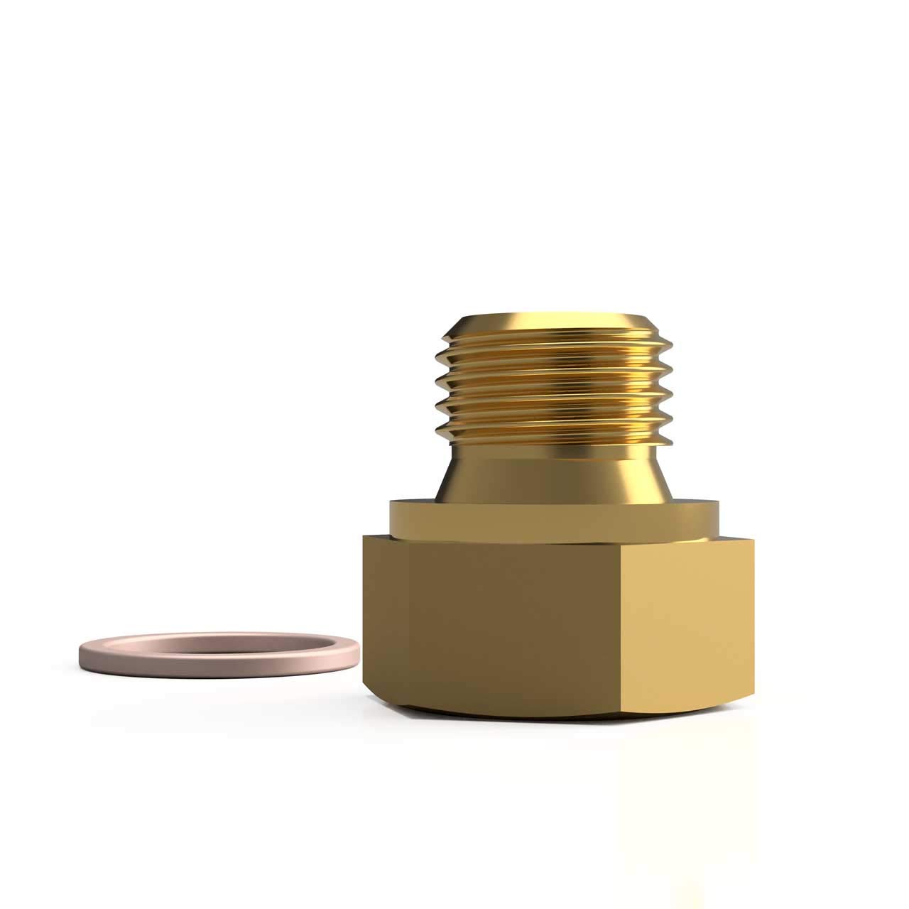 Adapter M10x1 female thread to 1/4 inch male thread.