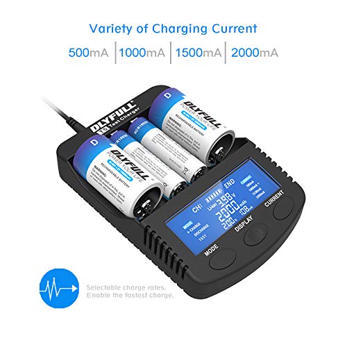 Dlyfull Pro Super Fast Battery Charger with LCD Display, 4 Slots Universal Battery Charger for 3.7V Li-ion 26650 22650 26500 18650 17500 17335 14500 & A AA AAA C SC D Ni-MH/CD Rechargeable Batteries