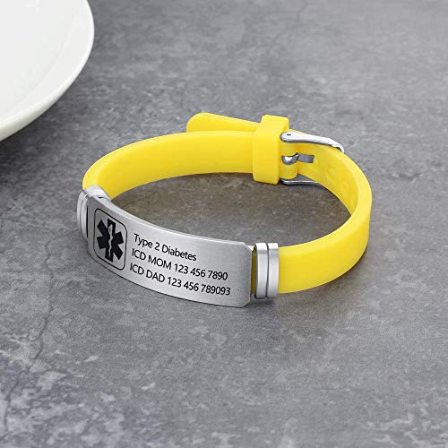 Lam Hub Fong Free Engraving 9 Inches Silicone Adjustable Medical Bracelets Sport Emergency ID Bracelets for Men Women Kids Waterproof Stainless Steel Rubber Alert Bracelets (Yellow)