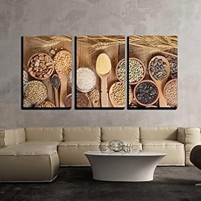 Cereal Grains Seeds Beans on Wooden Background x3 Panels