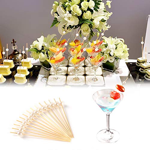 Bamboo Cocktail Picks 4.7 Inch, Handmade Party Toothpicks - Decorative Skewers for Appetizer, Drink, Fruit, Sandwich of Wedding, Baby Shower, and Tea Party. (White Pearls, 100 Counts)