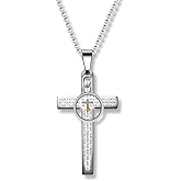 Uloveido Men's Stainless Steel Lord's Prayer Bible Verse Engraved Cross Pendant Necklace with Round Mustard Seed