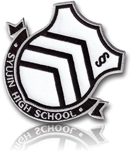 [Single Count] Custom and Unique (3.5" x 4" Inch) Shield Crest Shaped "Syujin High School" Banner w/ Stripes Uniform Badge Cosplay Costume Design Embroidered Iron On Patch {White &amp; Black} {LICENSED}