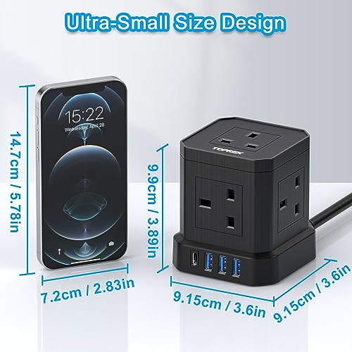 TOPREK Cube Extension Lead with USB Slots, 5 Way Power Strip with 5 AC Outlet 4 USB (20W PD3.0 Fast Charger) 1 Switch, 2M Extension Cord, 3250W/13A, UK Power Strip for Desk Home Office Travel