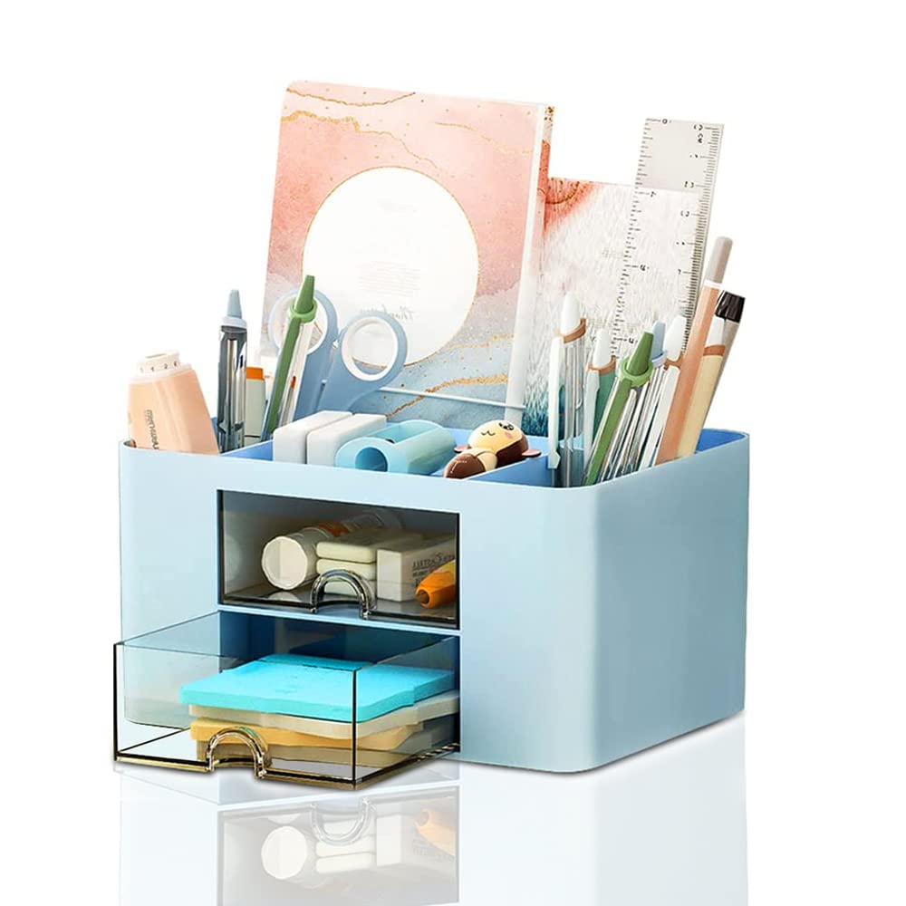 Jiahuade Desk Organizer with Drawer, Multifunction Desk Pen Holder, Desk Accessories, Office Accessories, Plastic Desktop Organizer for Stationery with 7 Compartments, Office Pen Holder (Blau)