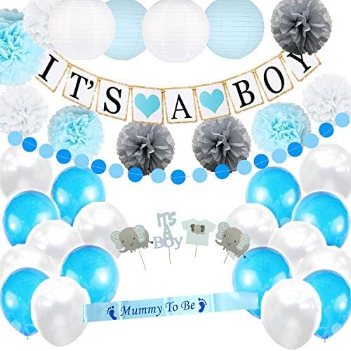 Boy Baby Shower Decorations Set | It's a Boy Banner | Party Paper Lanterns | Blue White & Silver Flower Tissue Pom Poms | Mommy To Be Sash | Balloons All in | Circle Garland | Cupcake Toppers One Full Set Ready to Use