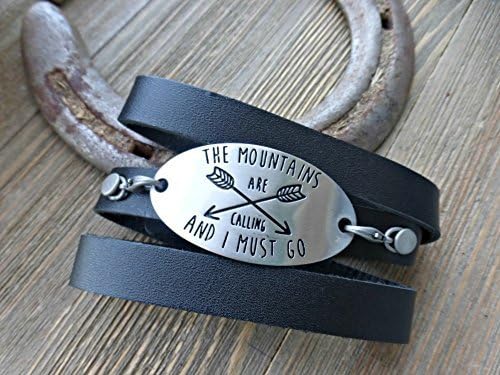 The mountains are calling. Black leather wrap bracelet and pewter metal cuff. Handmade jewelry, jewellery. Boho, Bohemian.