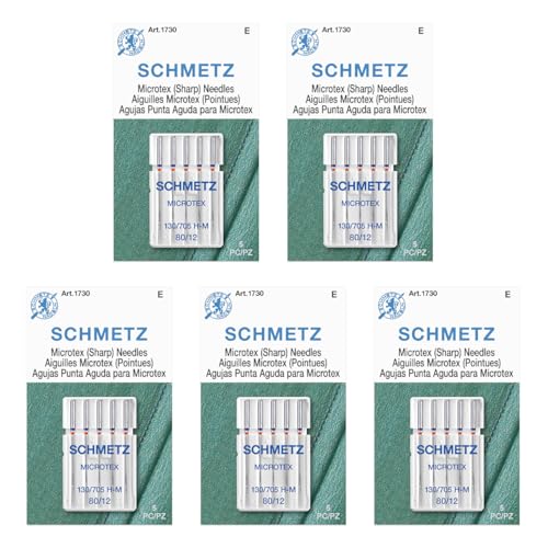 SCHMETZ Microtex Sharp Sewing Machine Needles - Quilting & Topstitching Supplies, Size 80/12, 5-Needle Card, Pack of 5