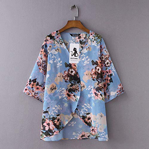Farmerl Cardigan for Women Floral Printed Short Sleeve Chiffon Kimono Top Blouse Blue