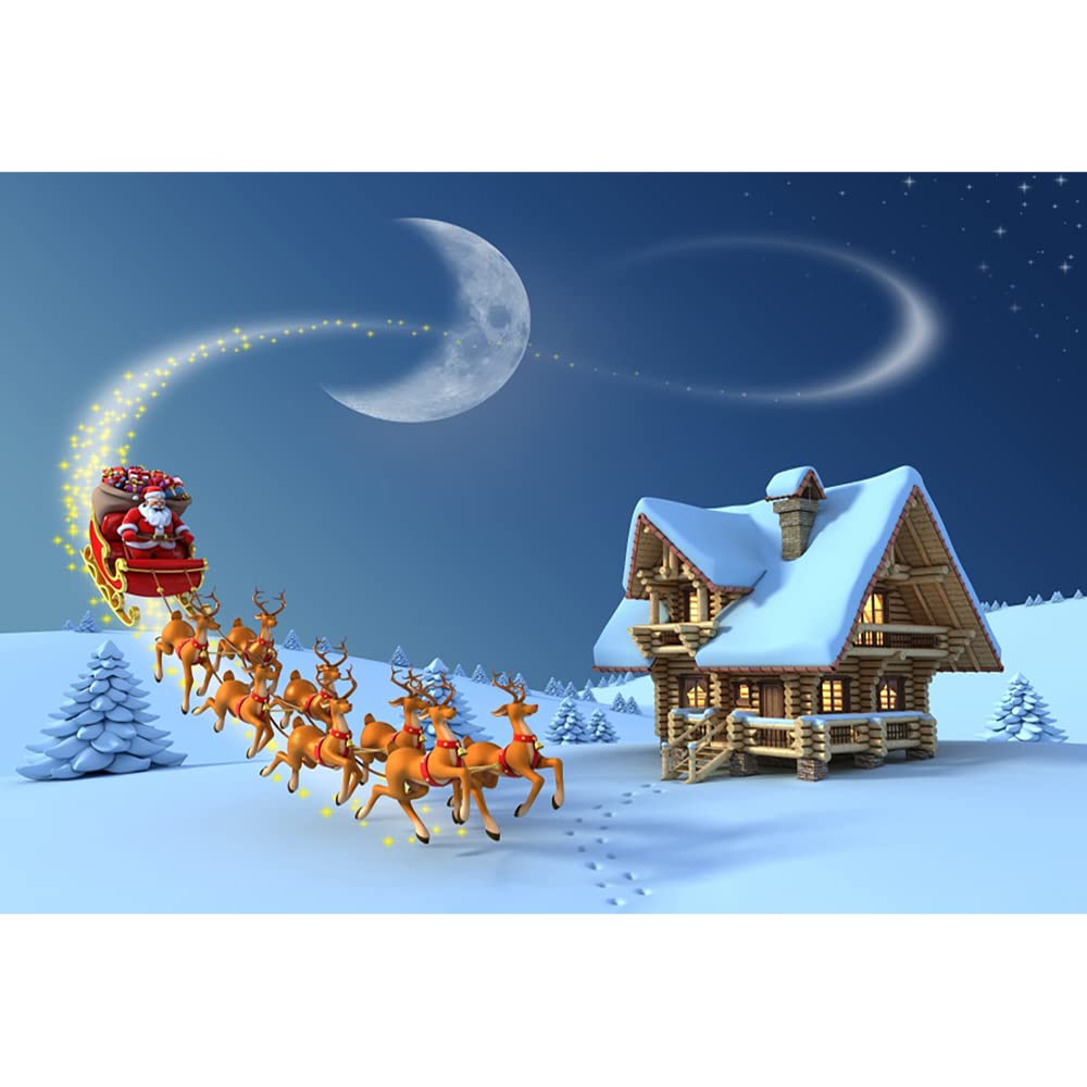 Aoihrraan 10x6,5ft Cartoon Christmas Photography Backdrop Santa Claus Reindeer Moon Wood House Winter Snow Landscape Background New Year Festival Family Outdoor Party Decor Banner Photo Studio Props