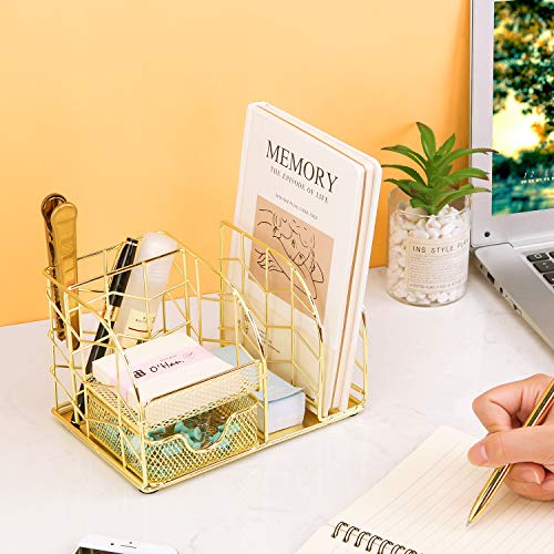 Z-PLINRISE-Desk-Supplies-Organizer-4-Slots-Plus-1-Drawer-Pen-Holder-Mail-Sorter-Sticky-Note-Holder-and-Accessory-Slot-Wire-Stationery-Storage-Rack-for-Home-Office-Gold