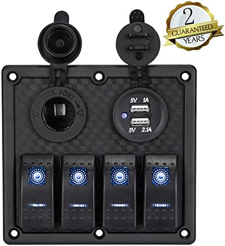 AutoSky 4 Gang LED Rocker Switches Panel Waterproof 3.1A Dual USB Port & DC 12V/24V Cigarette Lighter Socket for Car Marine Boat RV Truck,Blue LED