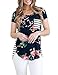MEROKEETY Women's Floral Print Striped Tee Crew Neck Shirt Short Sleeve Tops with Pocket
