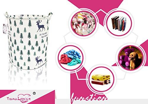 TIBAOLOVER 19.7" Large Sized Waterproof Foldable Canvas Laundry Hamper Bucket with Handles for Storage Bin,Kids Room,Home Organizer,Nursery Storage,Baby Hamper(Pine Trees and Deers) - Thumbnail 4