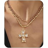 Hanfluenve Chunky Gold Cross Pendant Necklace for Women Statement Piece Vintage Bold Layered Look Chain with Secure Toggle Clasp Jewelry Gift Idea (gold-068)