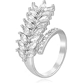 Vinoya 18K White/Yellow Gold Plated Rings Marquise Cubic Zirconia Leaf Ring Engagement Wedding band Half Eternity Open Ring for Women
