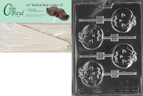 Cybrtrayd 45St25-H049 Medium Flat Pumpkin Lolly Halloween Chocolate Candy Mold with 25 Cybrtrayd 4.5-Inch Lollipop Sticks