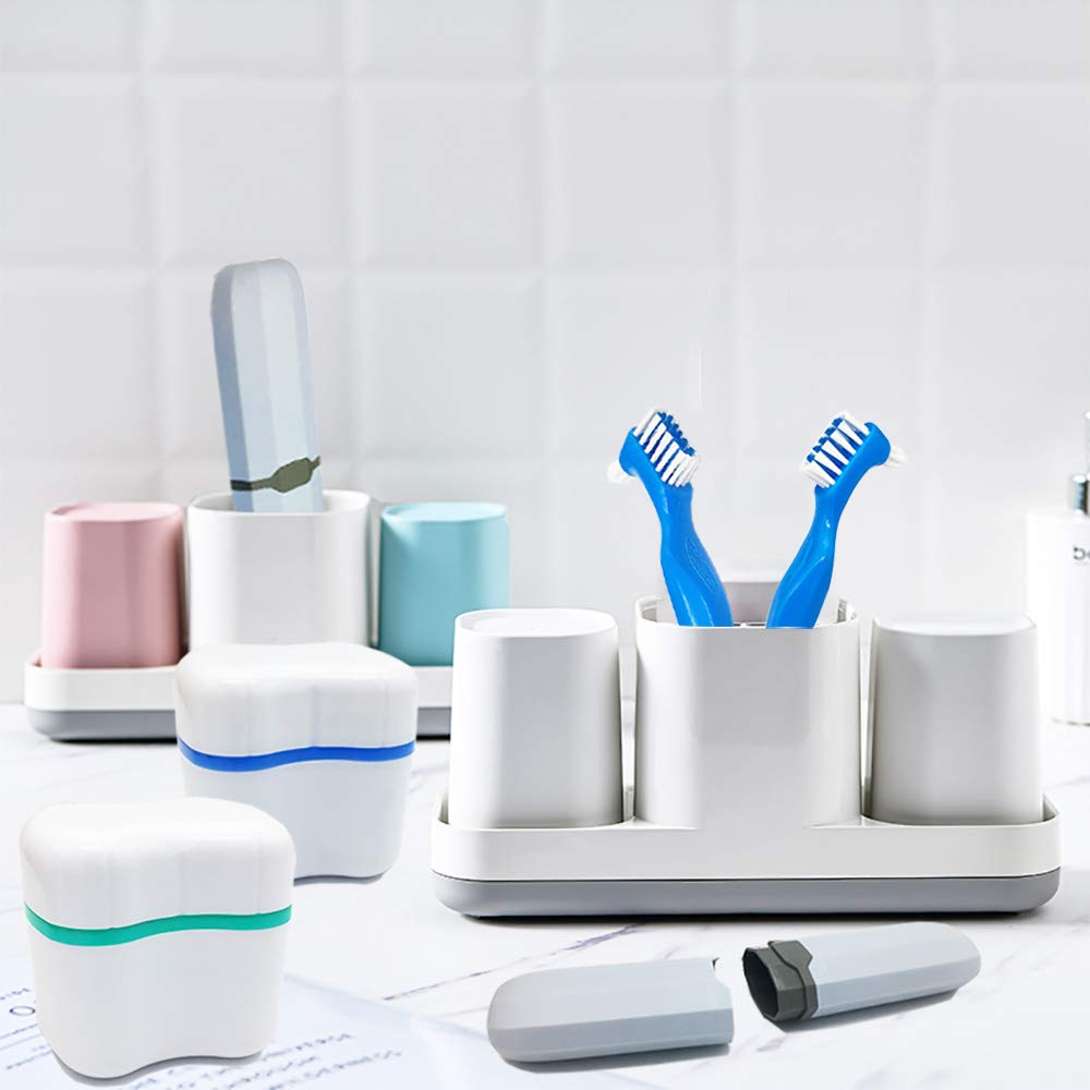 Denture Case Kit, 2 Denture Bath Cups with 2 Denture Brush & 2 Portable Toothbrush Box, Denture Brush Retainer Bath with Lid, Retainer Cleaning Denture Boxes, Toothbrush Kit for Travel : Beauty