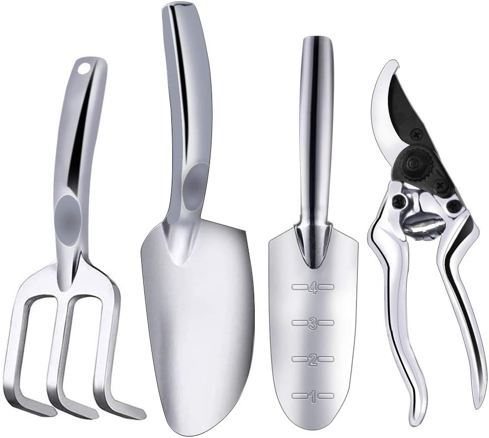 Garden Tools Set, Aluminum Gardening Kits Heavy Duty, Hand Trowel Garden Shovel, Transplant Shovel, Hand Rake and Pruner, Planting Yard Tools, Garden Gift for Women and Men (4 Pieces)