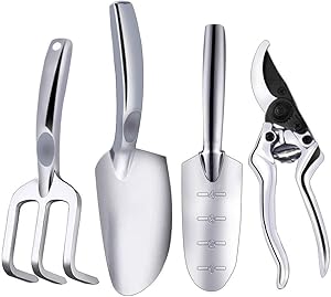 Garden Tools Set, Aluminum Gardening Kits Heavy Duty, Hand Trowel Garden Shovel, Transplant Shovel, Hand Rake and Pruner, Planting Yard Tools, Garden Gift for Women and Men (4 Pieces)