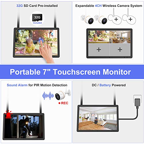 【Two-Way Audio】 Full HD 1080P Security Camera System Wireless with 7'' Touchscreen Monitor,Wandwoo 4 Channel NVR 1pc Indoor Outdoor IP Camera,Pre-Install 32GB SD Card,Night Vision Free App - Thumbnail 3