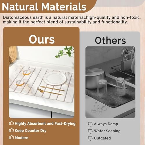 2 PCS Large Stone Dish Drying Mat for Kitchen Counter,Quick Dry Stone Dishes Mats,Marbled Water Absorbing Diatomaceous Earth Drying Pad for Countertop Bottles Utensils Cups( 40*60*cm+10*20cm)