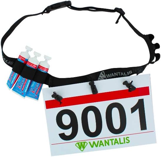 Wantalis Approved 3-Point Bib Belt and 6 Gel Holders for Marathon Semi-Marathon, Running, Black