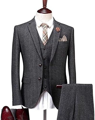 Solid Charcoal Classic Vintage Tweed Herringbone Wool Blend Tailored Men Suit 3 Pieces
