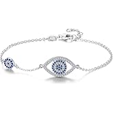 Kaletine Blue Evil Eyes Link Bracelet Sterling Silver 925 Cubic Zirconia Chain Adjustable 6.7" 7" 7.5"