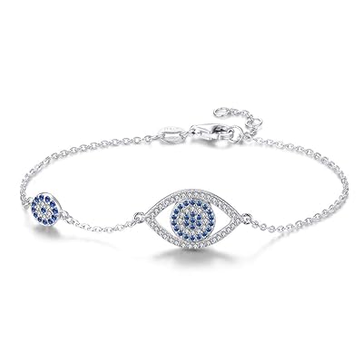 Kaletine Blue Evil Eyes Link Bracelet Sterling Silver 925 Cubic Zirconia Chain Ajustable 6.7 & quot; 7 & quot; 7.5 & quot