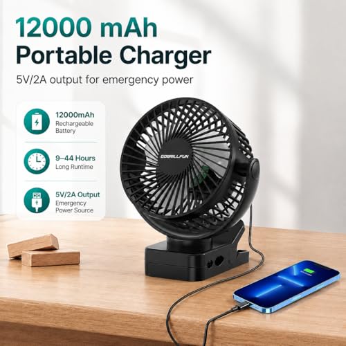 GOBRILLFUN 6 Inch 12000mAh Clip Fan Battery with Remote Control, USB Rechargeable with LED Lights, 3 Speed, Battery Fan with Timer
