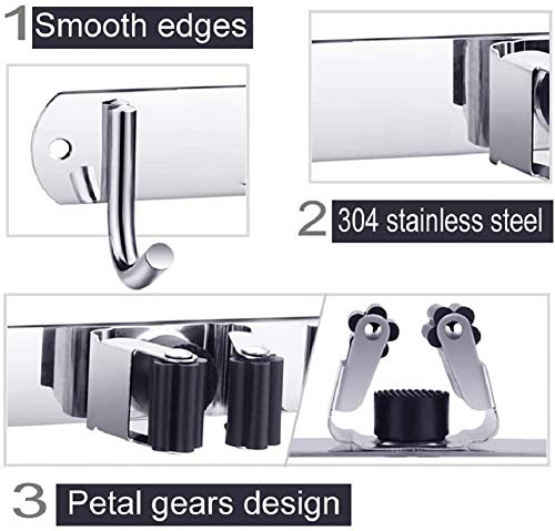 VIAV 2 Pack Mop Holder Wall Mounted, Stainless Steel Broom Hanger with 3 Position 4 Hooks, Garage Tools Organizer Rack Storage for Kitchen Bathroom Garden