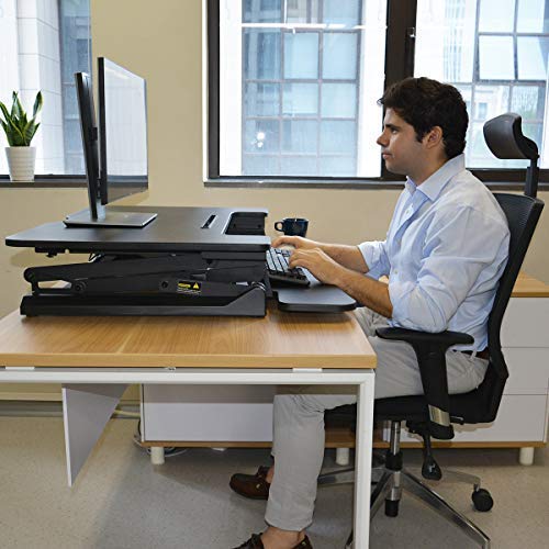 Electric Height Adjustable Standing Desk Converter with 36” Wide Office Tabletop Workstation, Sit to Stand up Computer Platform Monitor Riser