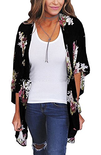 Women Floral Loose Kimono Chiffon Coat Cardigan Boho New Jacket Blouse (2XL, Grey)