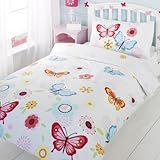 GIRLS TWIN FLORAL BUTTERFLY WHITE RED BLUE COTTON DUVET SET QUILT COVER