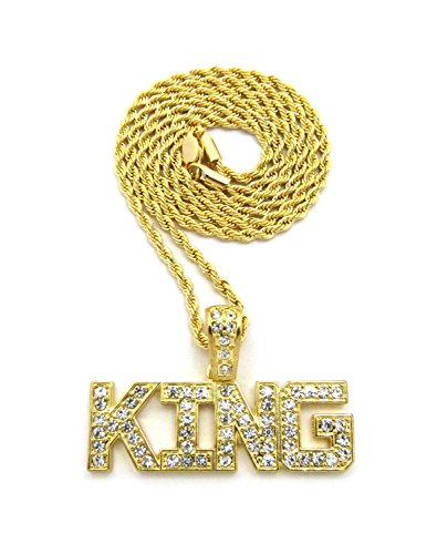 Crown Gold-Tone KING Pendant 18", 20", 24" Box, Cuban or Rope Chain Necklaces (Gold w/ 24" Rope Chain)