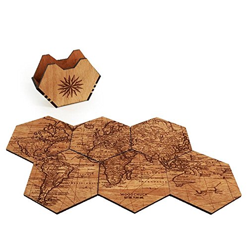 WOODCHUCK Wooden World Map Coasters (Mahogany), Handmade in the USA, 100% Real Wood - Set of 6