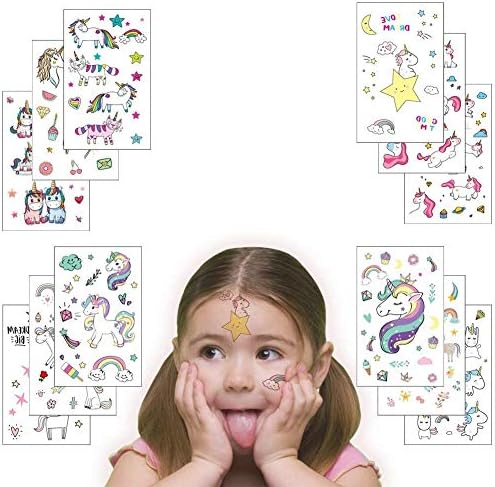 Unicorn Temporary Tattoos for Kids, Girls Cute Fake Body Art Tattoos Stickers 12 Sheets for Unicorn Themed Birthday Party Supplies Party Favors Kids Friendly