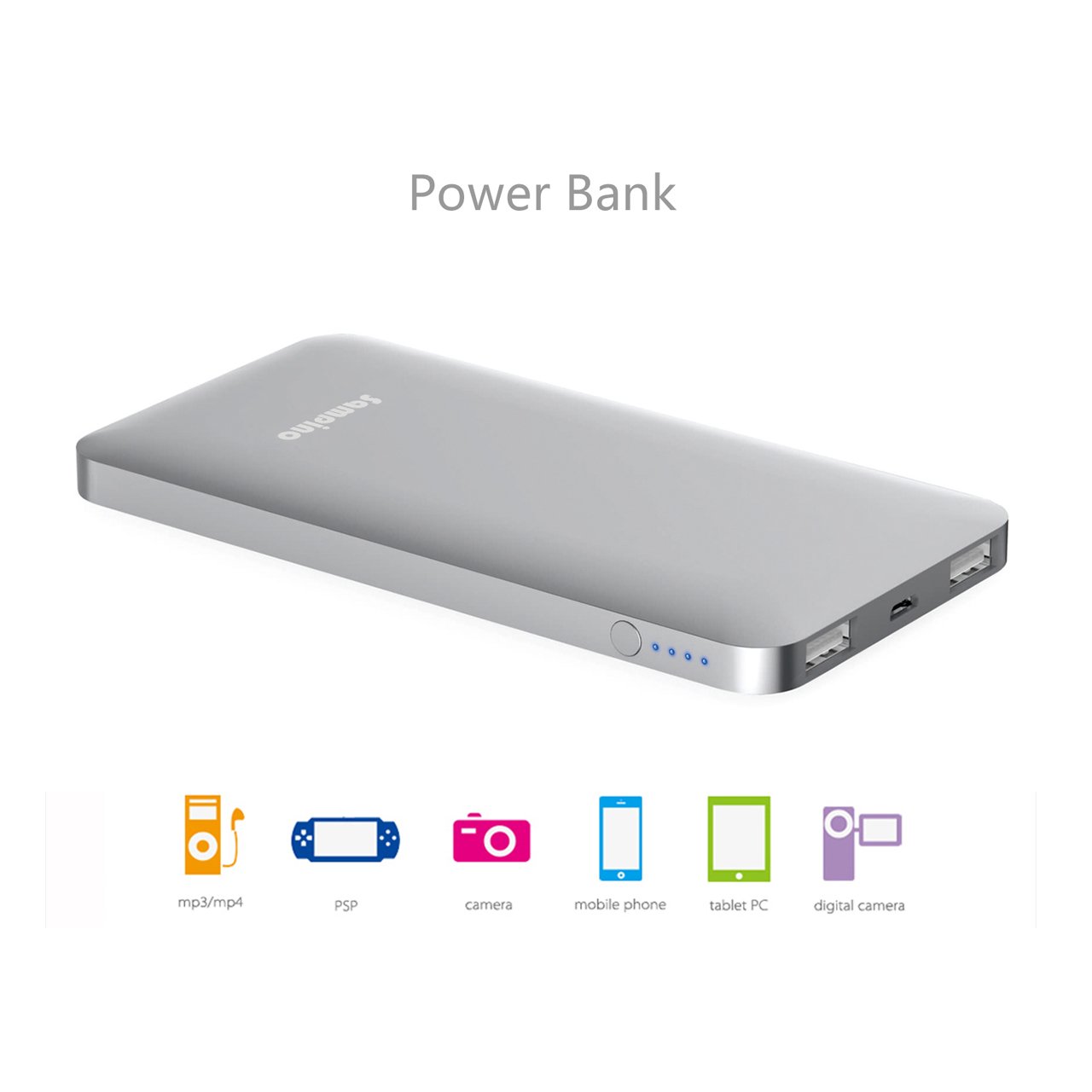 Sampino 5000 mAh Phone Charger for iPhone or Pokeman Go,1.0/2.1A Output External Battery Power Bank Dual USB Ports for iPhone Samsung Blackberry Microsoft HTC Portble DVD (Silver)