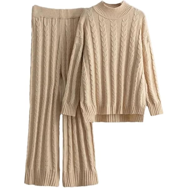 HGps8w Women's 2 Piece Outfits Cable Knit Chunky Sweater Set Long
