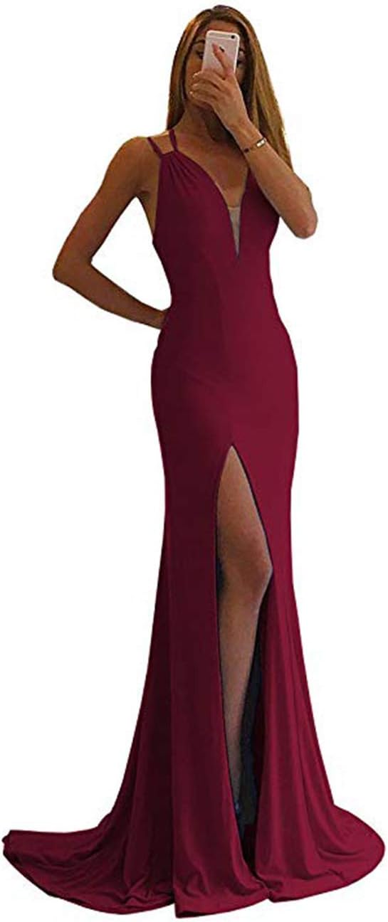 KaBuNi Mermaid Prom Dresses Side Slit V-Neck Open Back Long Evening Gowns