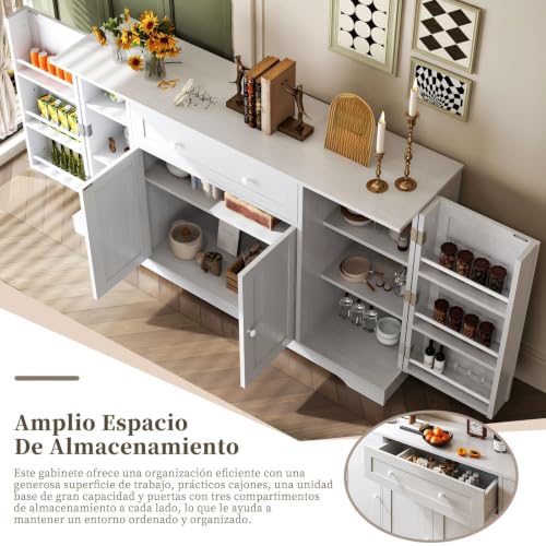 Alacenas para Cocina con Cajones, 4 Puertas y Estantes Regulables | Mueble Cocina 120x90x40CM de madera, base reforzada. Gabinete para Cocina, Bufetera Mueble y Credenza Bufetera. Blanco.