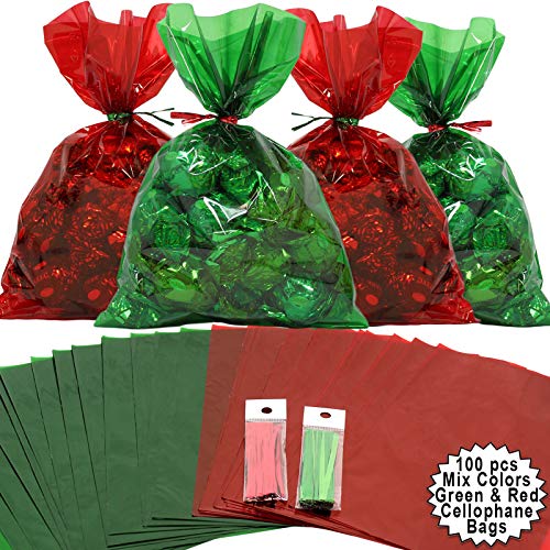 Cellophane Treat Bags 100 pcs Mix Holiday Colors (6 Inch x 9 Inch) | Colorful Cello Bags Christmas Colors with Twist Ties | 2.5 Mil Quality Green & Red Cellophane Treat Bags | Transparent 6x9 in Bags