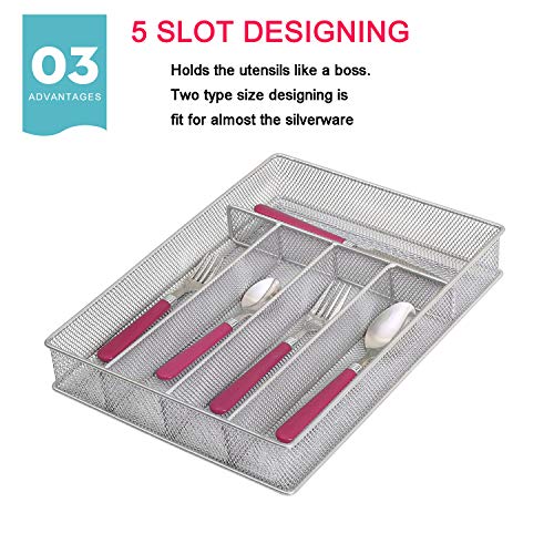 IRSHOME Sturdy Utensil Drawer Organizer, Cutlery Tray, Silverware/Flatware Storage Divider for Kitchen, Mesh Designing with Non-slip Rubber Feet, 5 Compartments, Sliver- 1 Pack - Thumbnail 4