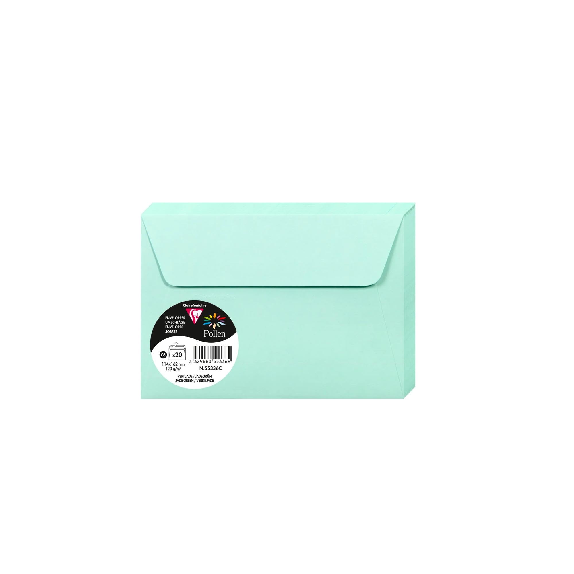 Clairefontaine 55336C Pack of 20 Self-Adhesive Envelopes Format C6 (11,4x16,2cm) 120gsm Colour Jade Green Invitation Events Correspondence Pollen Range Premium