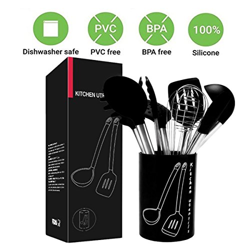 9 Silicone Cooking Utensils+ Holder- Tatufy Stainless Steel & Silicone Kitchen Utensils Set, Nonstick Non-Scratch Kitchen Tools- Tongs, 2 Spoon, Spatula Tools, Turner Slotted, Ladle, Strainer, Whisk - Thumbnail 5