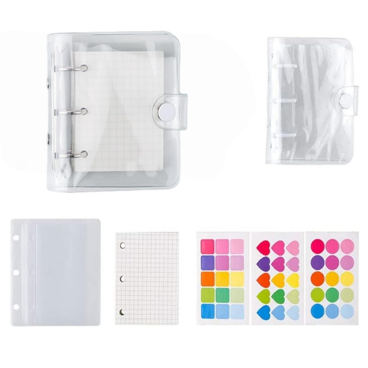 Mini Binder Pockets,3-Hole Refillable Notebook Accessories Set, Transparent PVC Loose-Leaf Notebook,Including 70 Internal Grid Pages+2 Storage Bags+12 Paper Cards+45 Note Tabs +1 Shell (White)